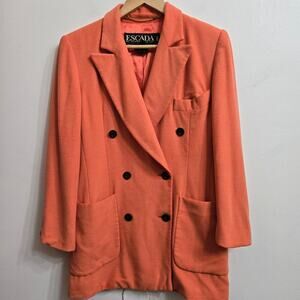 Vintage 90s Escada Women's Coral Orange Double-Breasted  Blazer Wool Blend